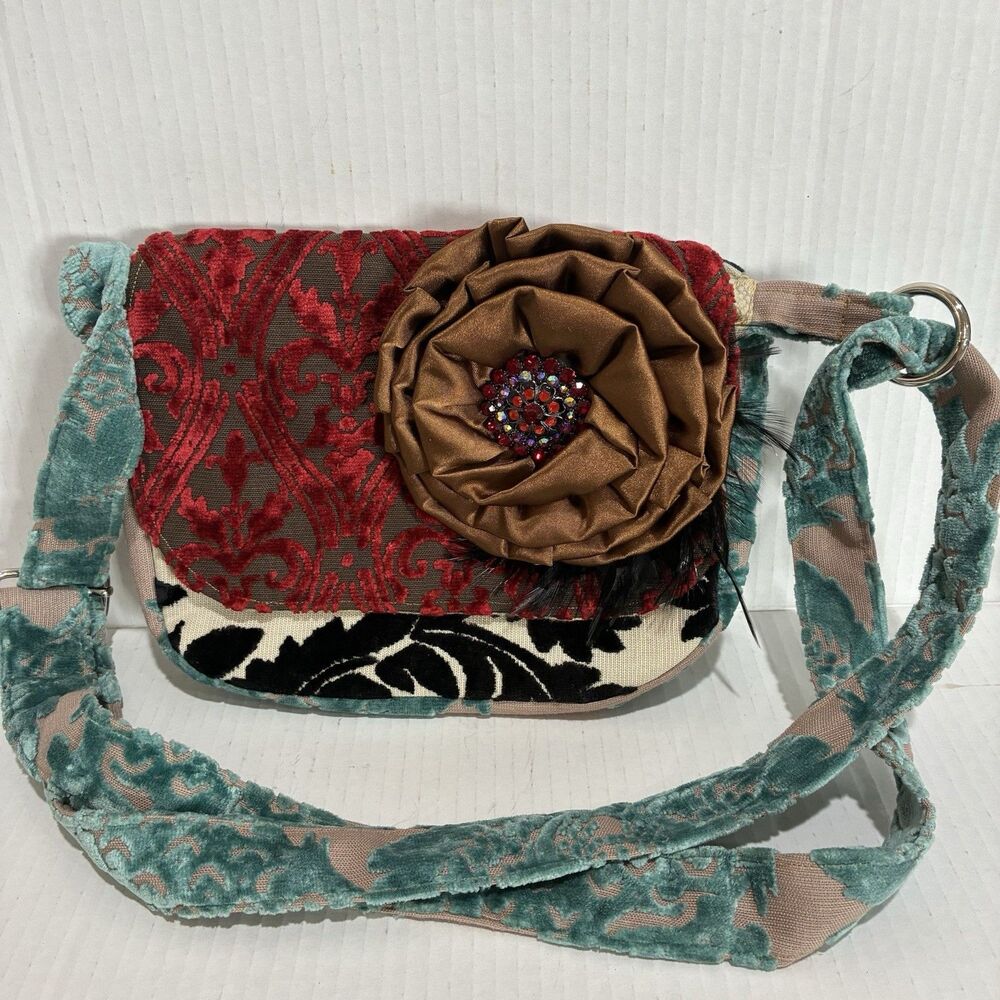 Miss Margo Designs Tapestry Velvet Feather Flower Brooch Shoulder Bag Purse Boho